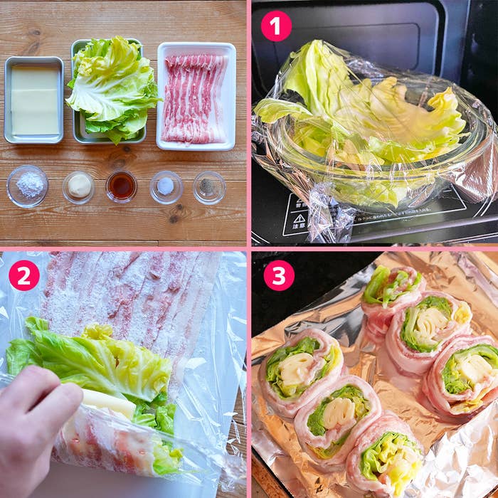 料理方法を順番で示した4枚の画像。キャベツと豚バラ肉を使っておつまみを作る工程。