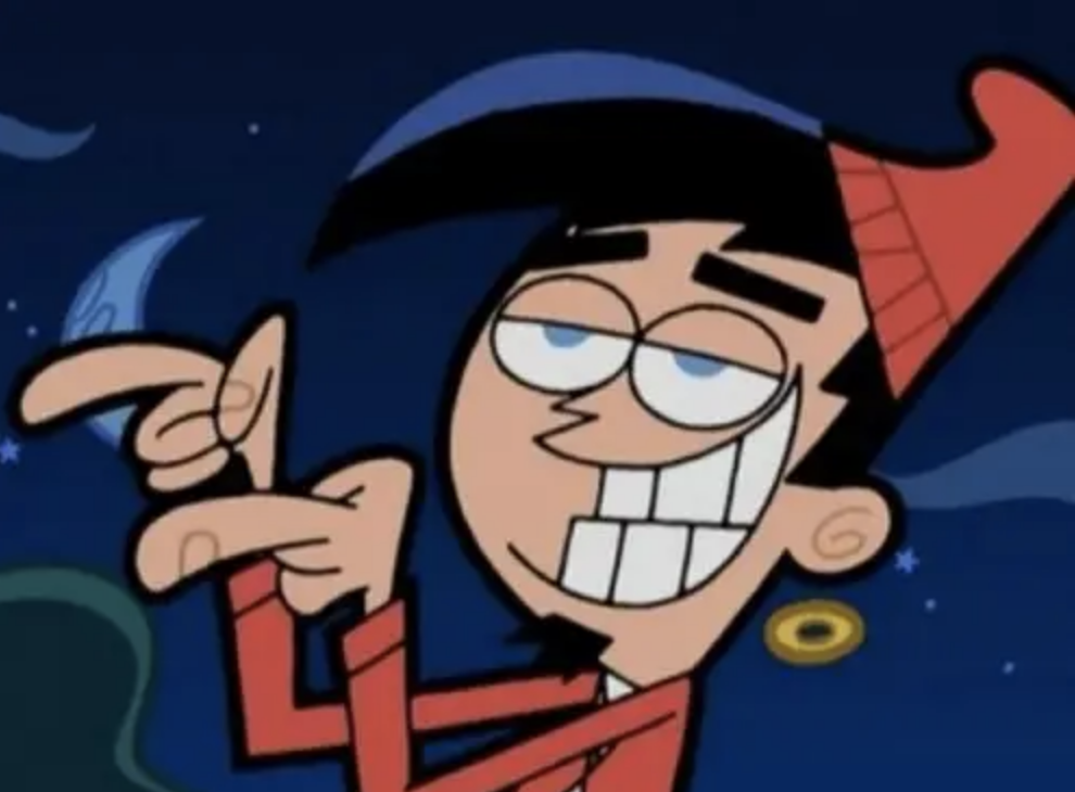 Animated character Chip Skylark smiling with a pointed finger up, against a night sky backdrop