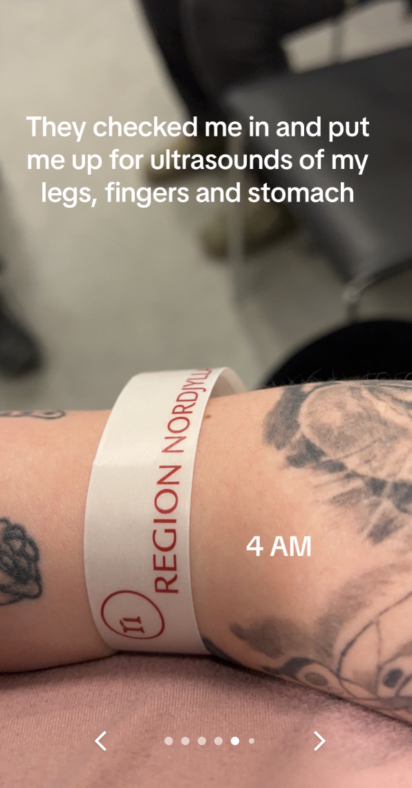 Wrist with hospital band and text: &quot;They checked me in and put me up for ultrasounds of my legs, fingers, and stomach&quot;