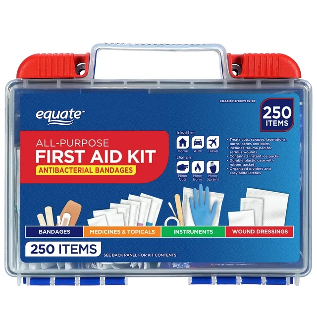 Equate First Aid Kit with 250 items including bandages, gloves, and medical tools visible through a clear blue case