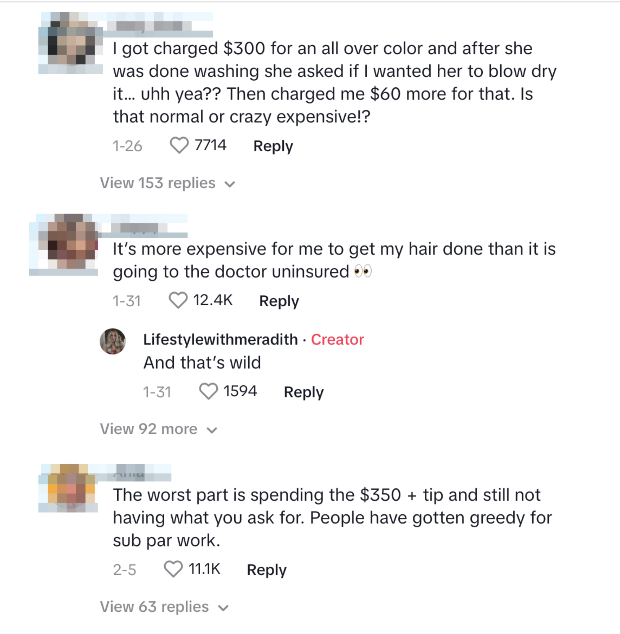 Three screenshots of social media comments discussing the high cost of hair services