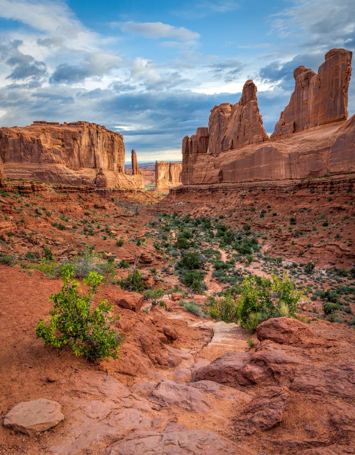 Scenic view of a desert with towering rock formations and a valley with sparse vegetation