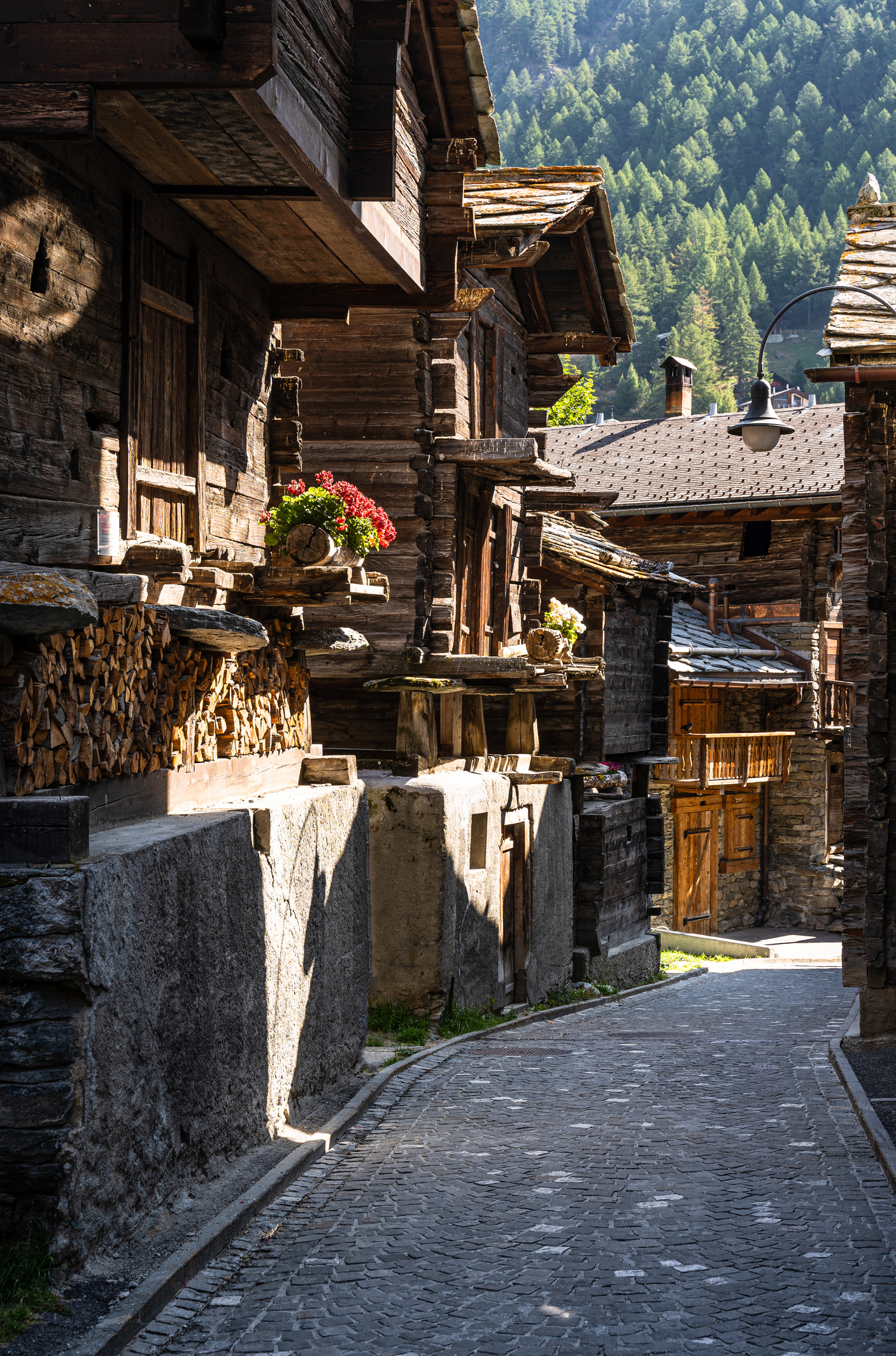An Alpine town with cobblestone streets
