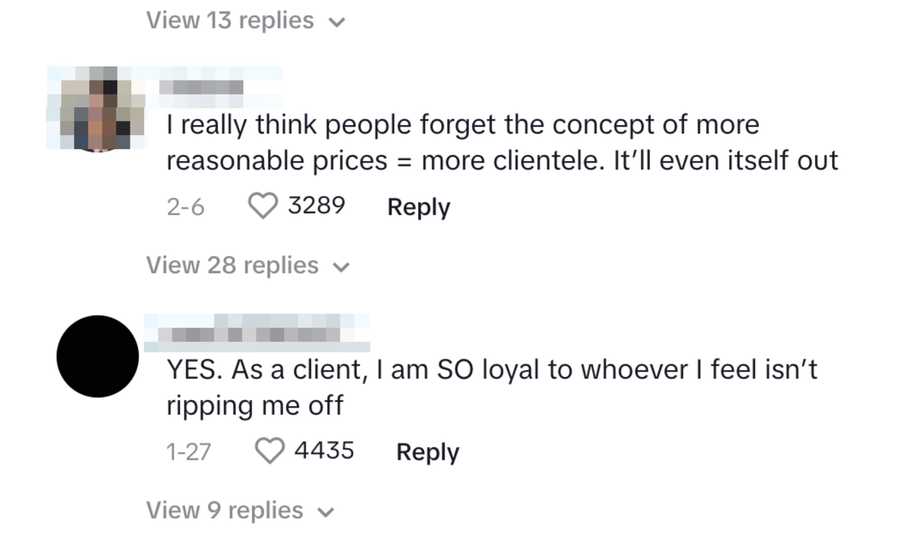 Comments on a social media post, discussing opinions on the cost of an item and customer loyalty