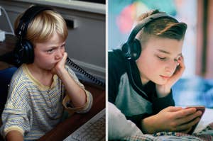 Split image: Left - child with headphones at a computer; Right - teenager with headphones using a smartphone