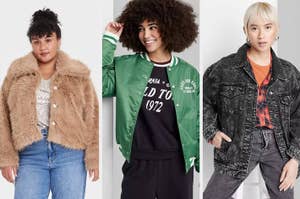 Three models in a collage showcasing different jackets: a fur-lined, a varsity, and a denim style