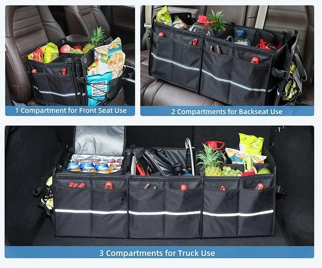 Collapsible car trunk organizer with various compartments, used on seats and in trunk, filled with groceries and tools