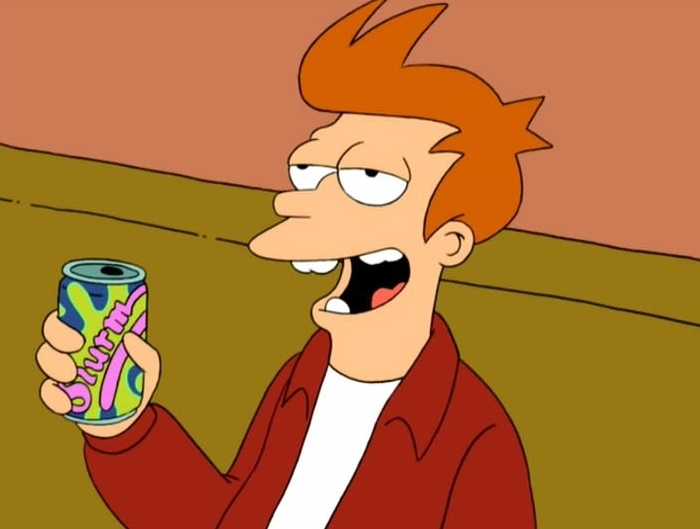 Fry from Futurama holding a colorful can, smiling