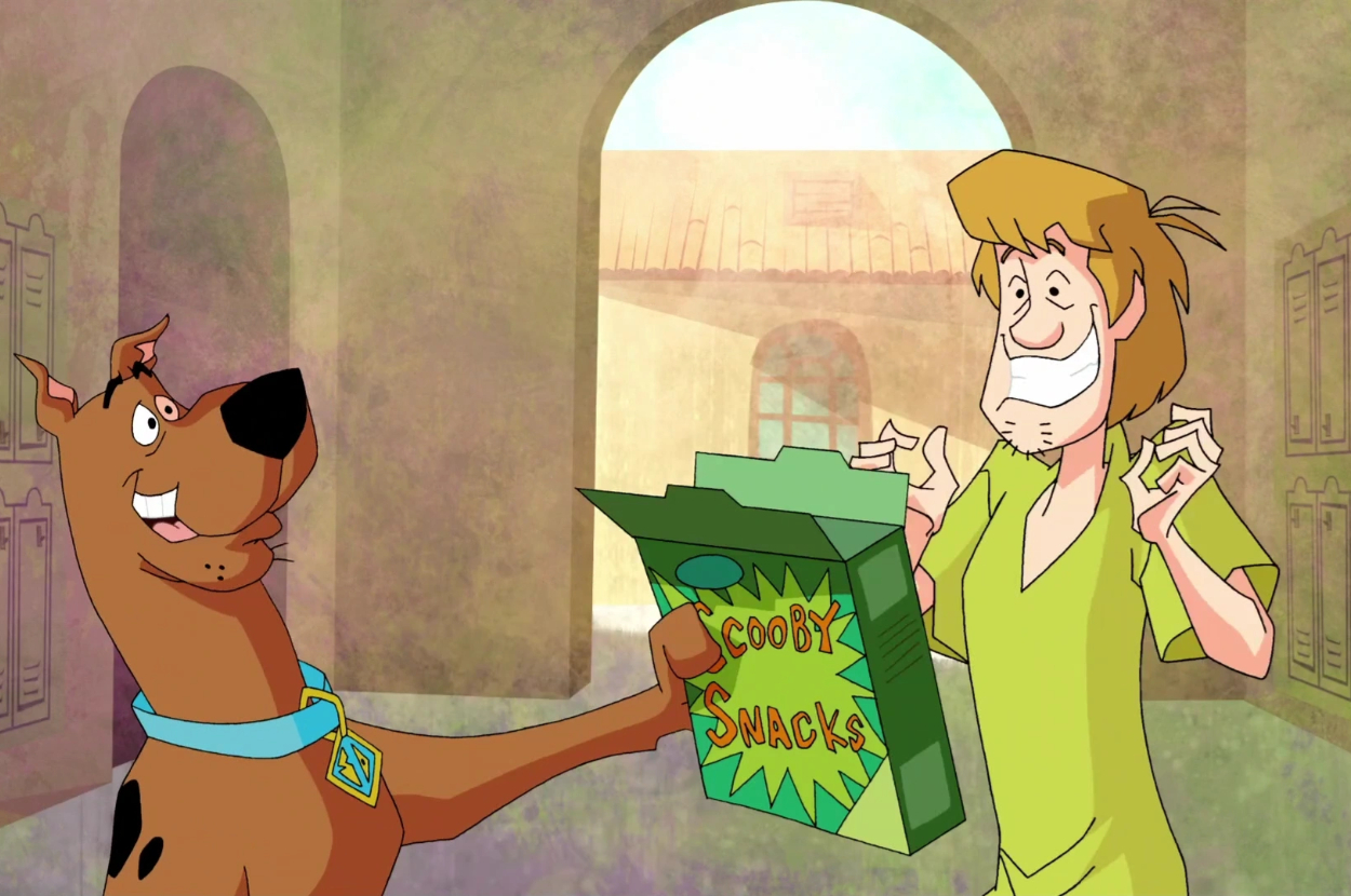 Shaggy holding a box of Scooby Snacks, excited Scooby-Doo reaching for it, with an arched window background