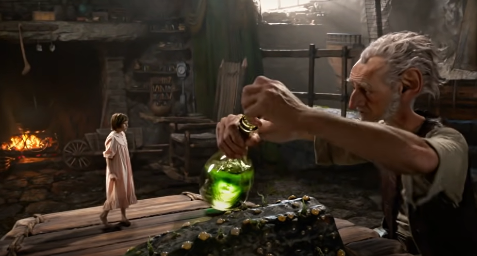 Animated characters, an elderly man brewing a potion, and a curious child observing