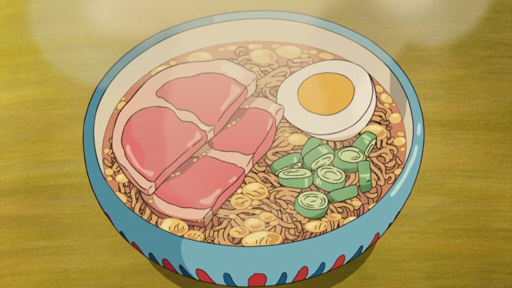 Illustration of an animated ramen bowl with pork slices, egg, and vegetables