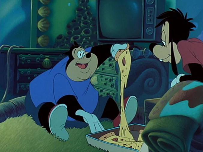 Pete and Goofy from Disney’s &quot;A Goofy Movie&quot; are sitting, with Goofy holding a slice of stretchy pizza