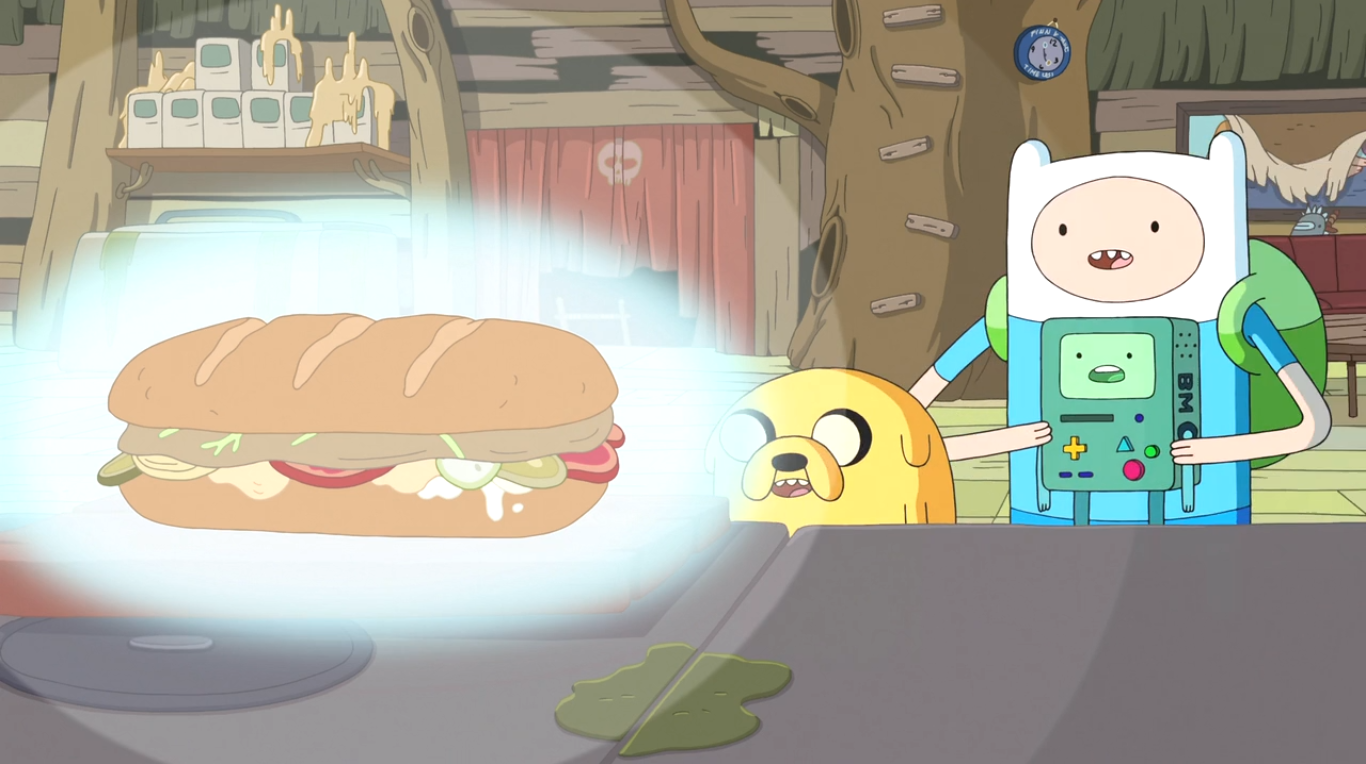 Jake and Finn from Adventure Time looking at a holographic sandwich in a cabin