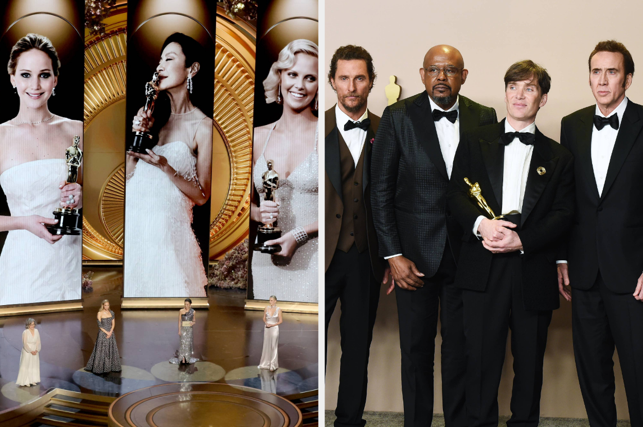 Split image: on the left, an actress holds an award onstage; on the right, four men in suits hold awards
