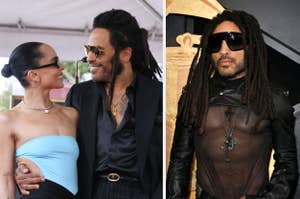 Two separate images of Lenny Kravitz, one sharing a smile with a woman, another posing alone in leather attire