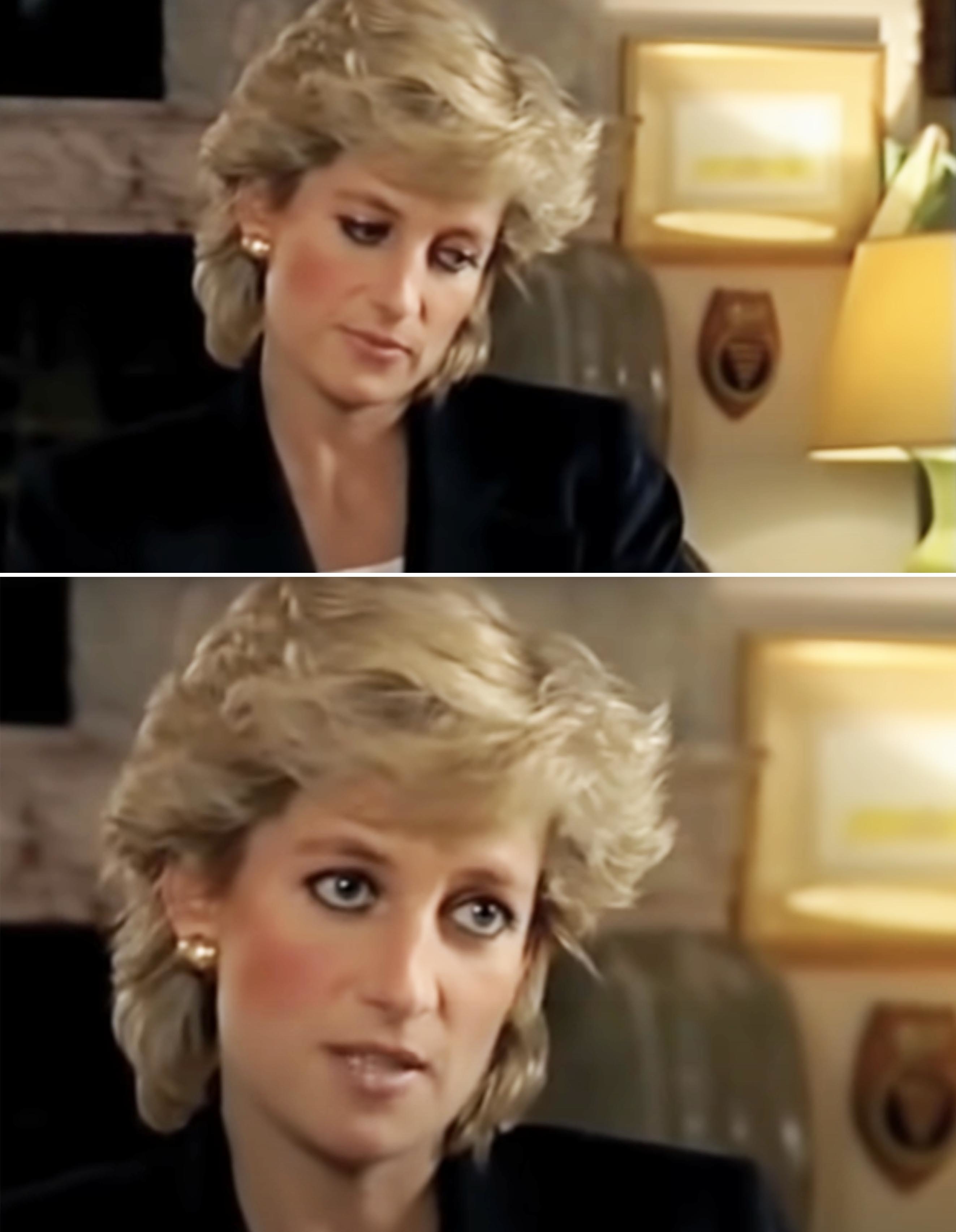 Princess Diana in a sit-down interview, looking thoughtful. She wears a light blouse