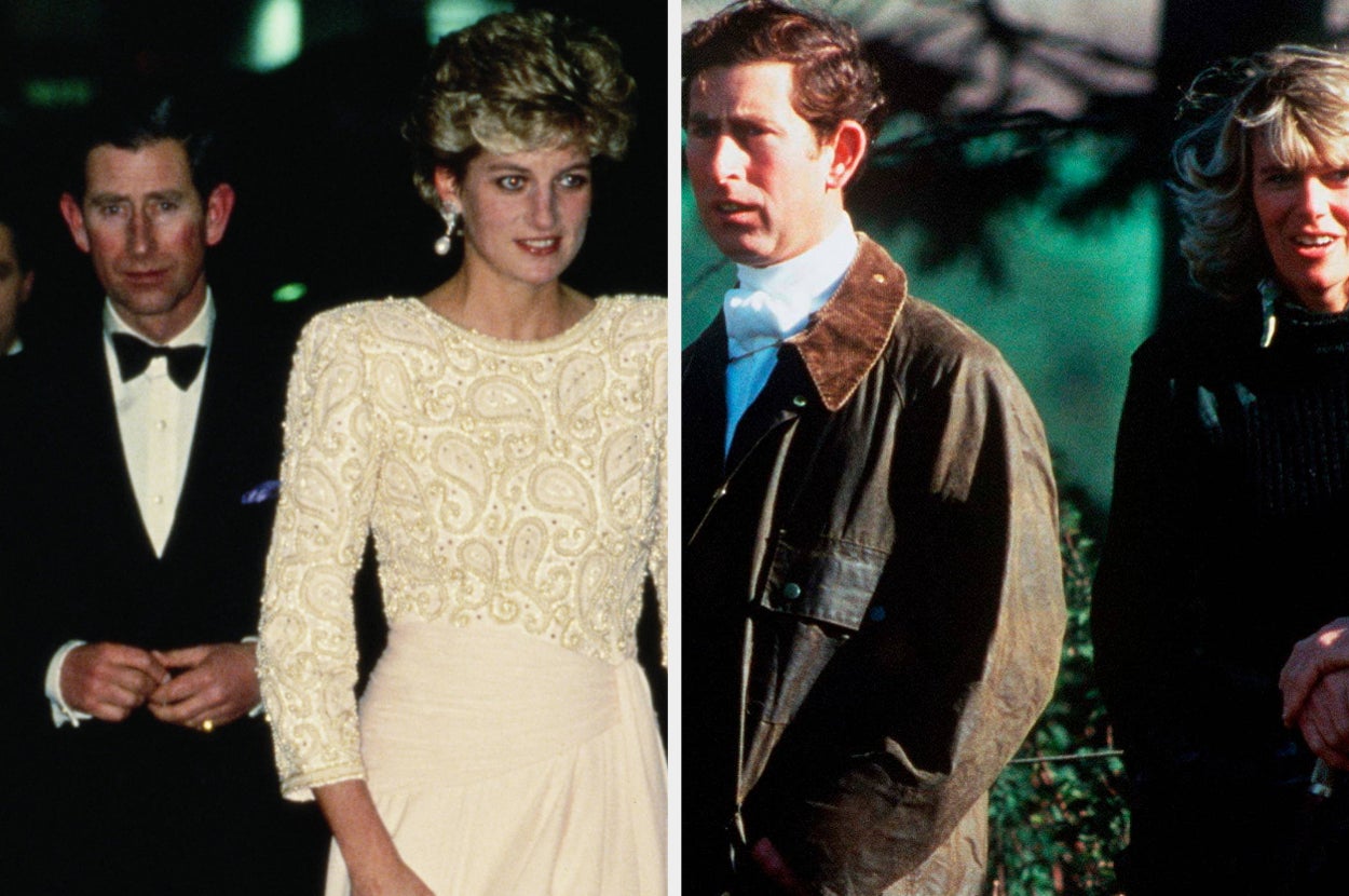 Side-by-side photos of Diana in an elegant beaded gown and Charles in formal attire; Camilla and Charles in casual outdoor wear