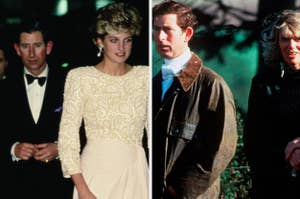 Side-by-side photos of Diana in an elegant beaded gown and Charles in formal attire; Camilla and Charles in casual outdoor wear