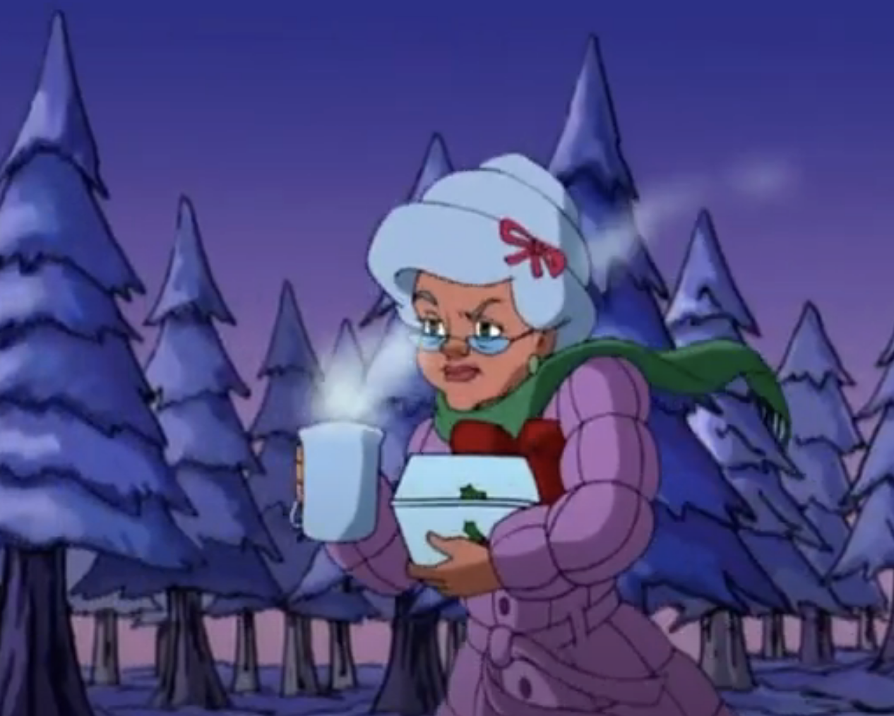 Animated character Granny from Looney Tunes, holding a hot beverage and gift, in a snowy forest