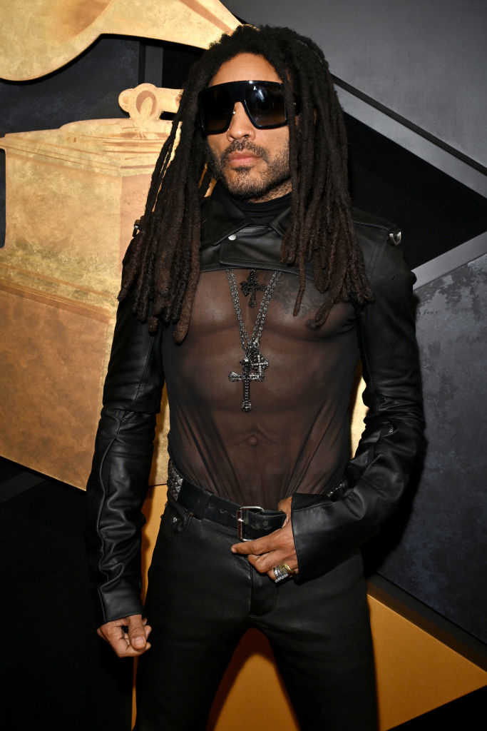 Lenny in a sheer top with leather sleeves on the red carpet