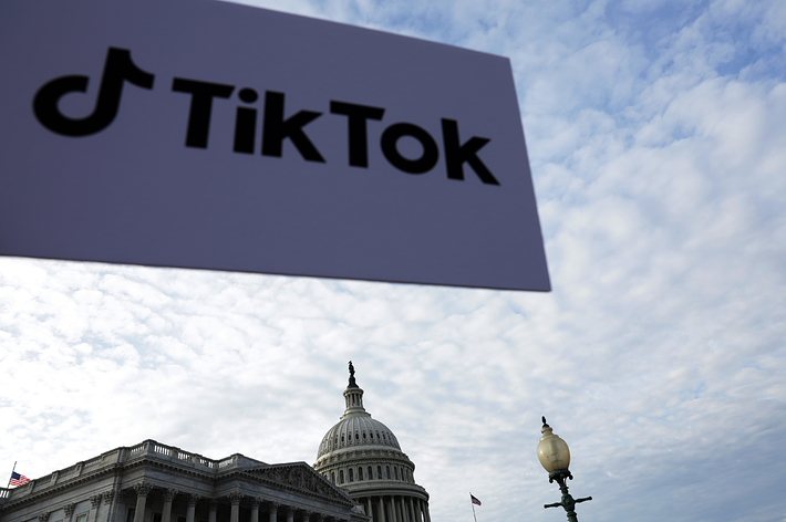 TikTok logo sign held up with the US Capitol building in the background