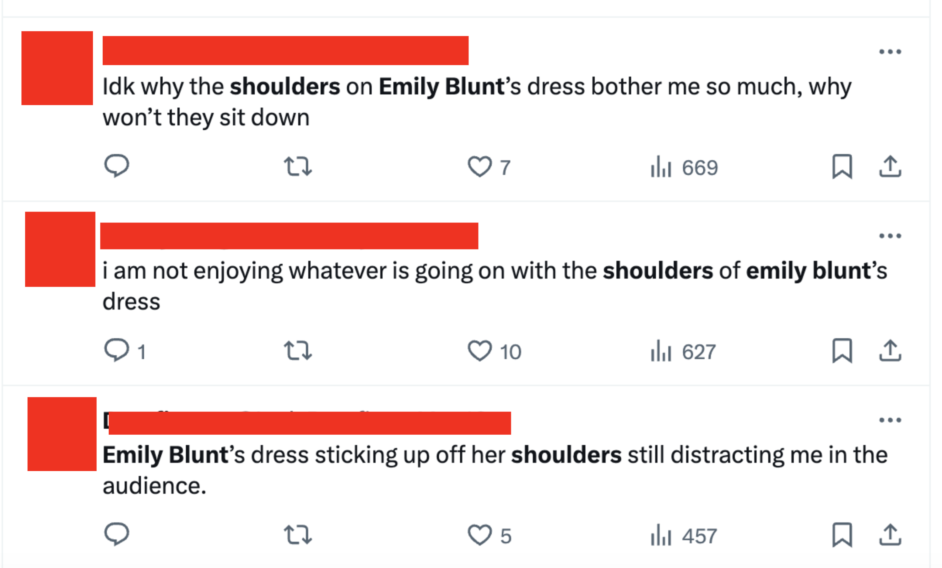 Twitter users comment on Emily Blunt&#x27;s dress with distinctive shoulders, including &quot;Idk why the shoulders on Emily Blunt&#x27;s dress bother me so much, why won&#x27;t they sit down&quot;