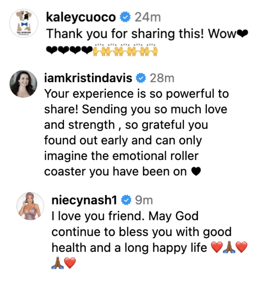 Instagram comments expressing gratitude, love, and blessings from user accounts kaleyquoco, iamkristindavis, and niecynash1