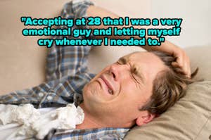 Man crying on couch with tissues, quote about accepting emotions at 28