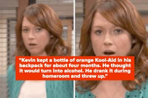 Erin from The Office looking horrified with overlay text about a high schooler named Kevin who drank 4-month-old Kool-Aid thinking it would turn into alcohol