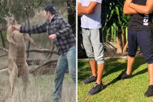 Man squares off with a kangaroo; two men stand casually with visible shoe brands