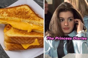 On the left, a grilled cheese sandwich on a plate, and on the right, Anne Hathaway as Mia in The Princess Diaries