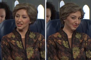 an SNL sketch on a plane, Heidi Gardner looks disgusted