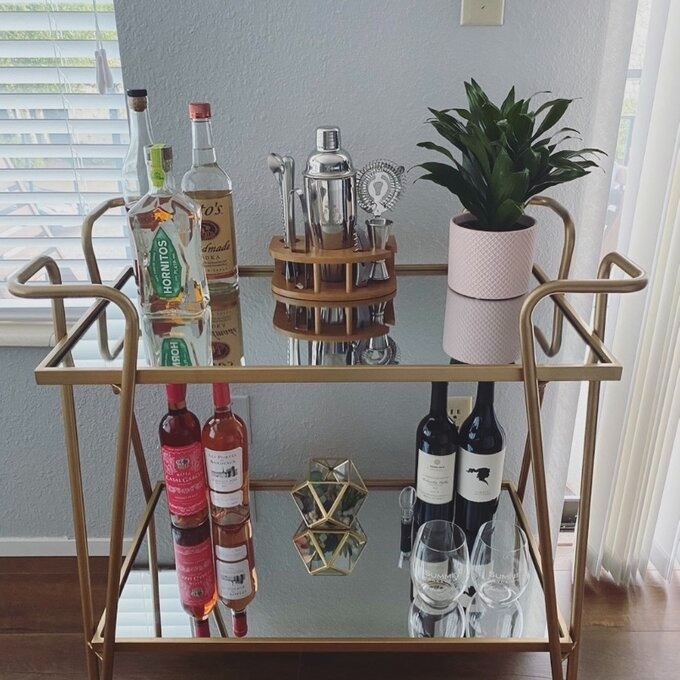 A stylish bar cart with assorted liquor bottles, glasses, and a plant, organized neatly for home entertaining