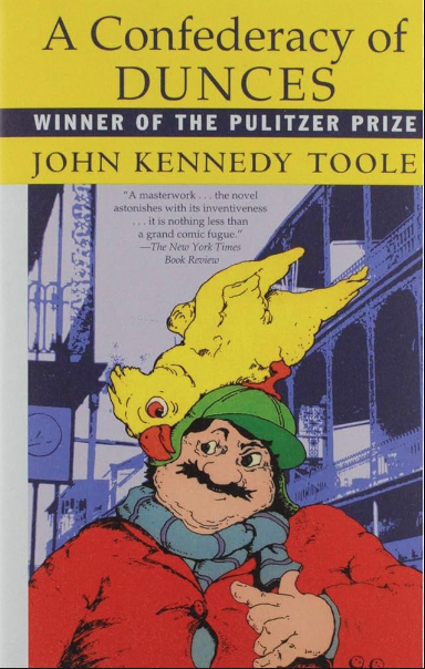 Cover of &quot;A Confederacy of Dunces&quot; by John Kennedy Toole, featuring a drawing of the comical character Ignatius J. Reilly
