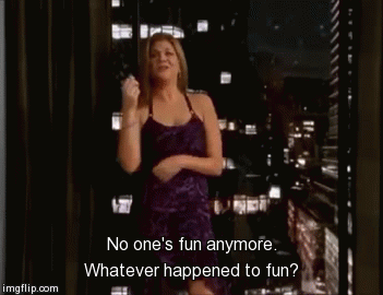GIF of Kristen Johnson as Lexi Featherston from Sex and the City in a purple dress with text: &quot;No one&#x27;s fun anymore; whatever happened to fun?&quot;