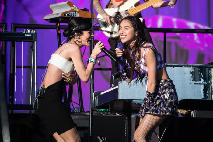 Olivia Rodrigo and Lily Allen on stage at Glastonbury