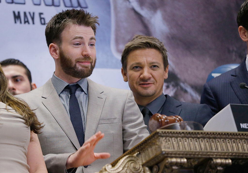 Closeup of Chris Evans and Jeremy Renner