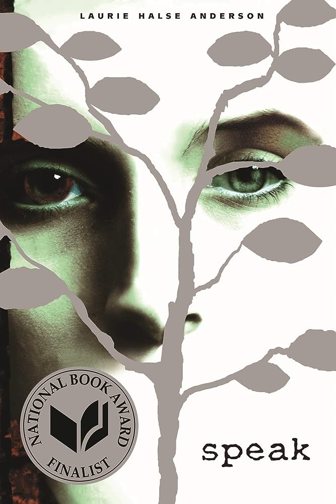Book cover of &#x27;Speak&#x27; by Laurie Halse Anderson featuring partial face obscured by tree branches, with National Book Award badge