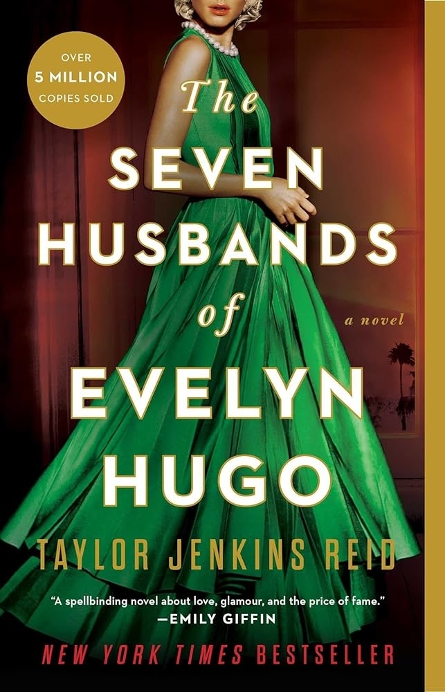 Cover of &quot;The Seven Husbands of Evelyn Hugo&quot; by Taylor Jenkins Reid, with accolades and a title emblem