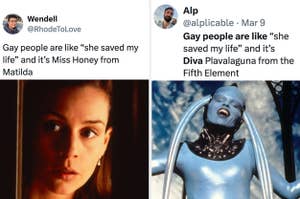 Split image, left: Miss Honey from Matilda, right: Diva Plavalaguna from Fifth Element in costume. Text compares their impact on lives
