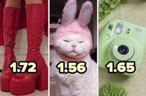 Tres fotos virales: botas de plataforma rojas, gato con disfraz de conejo, y cámara instantánea verde