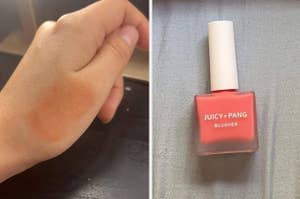 A person's hand with swatched blush next to a Juicy Pang blusher bottle