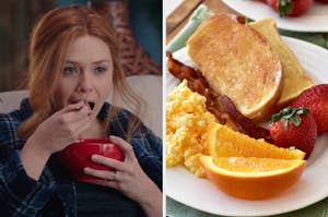 On the left, Wanda from WandaVision eating cereal, and on the right, a plate with toast, bacon, scrambled eggs, orange slices, and strawberries
