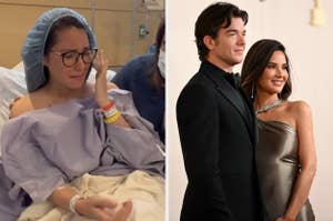 Split image: Left shows a woman in a hospital gown, crying. Right shows two celebrities posing, man in black suit, woman in metallic dress