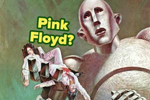Album cover with surreal figures being held in the hand of a robot and "Pink Floyd?" text