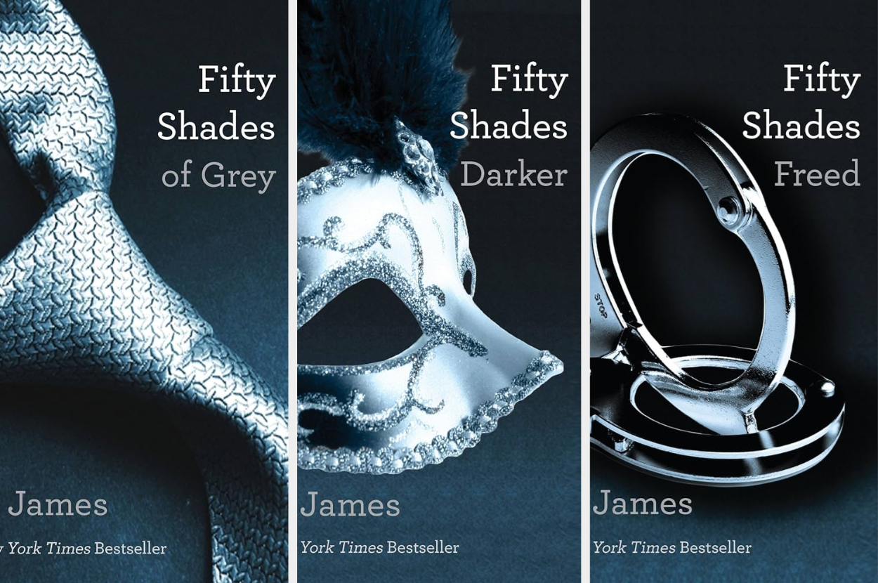 Three book covers from the &#x27;Fifty Shades&#x27; series by E.L. James featuring suggestive themes
