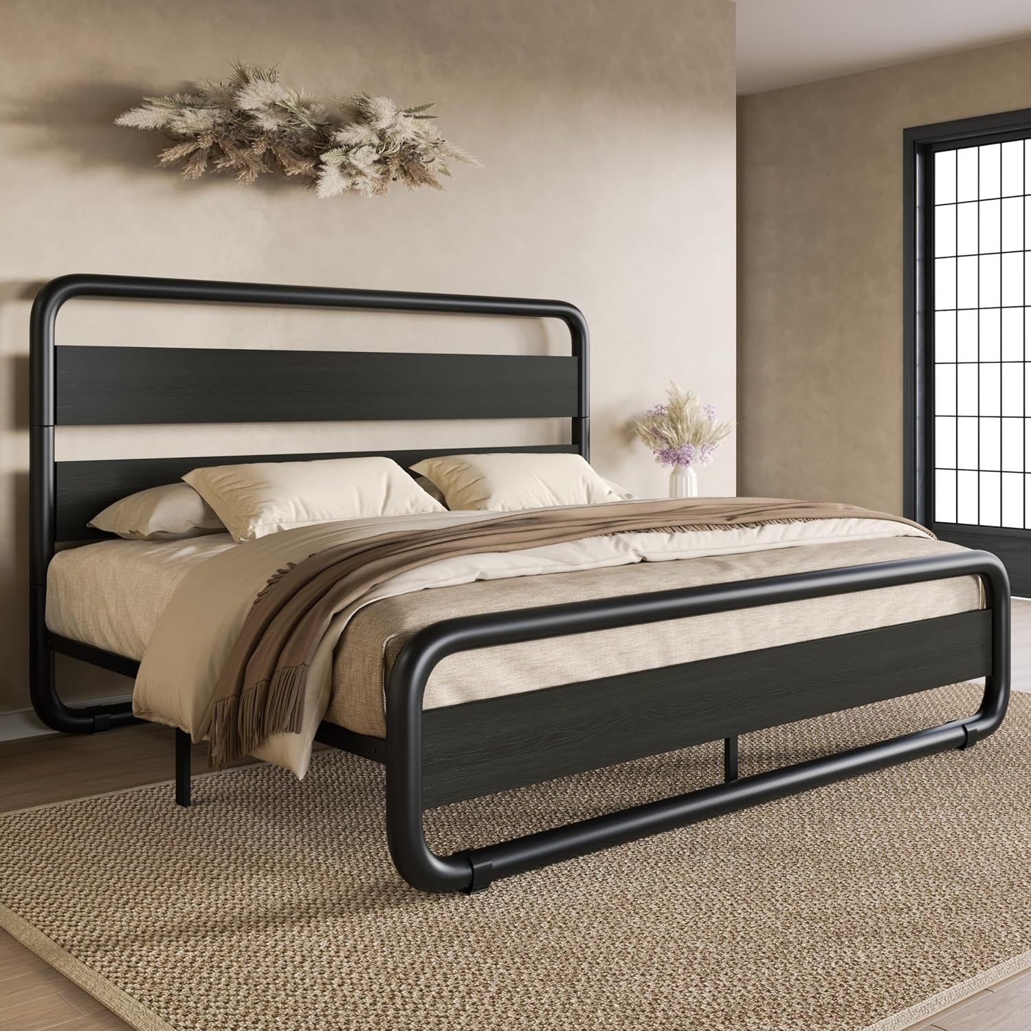 Modern metal bed frame with a minimalist design, featuring a headboard and footboard, set in a neutrally toned bedroom