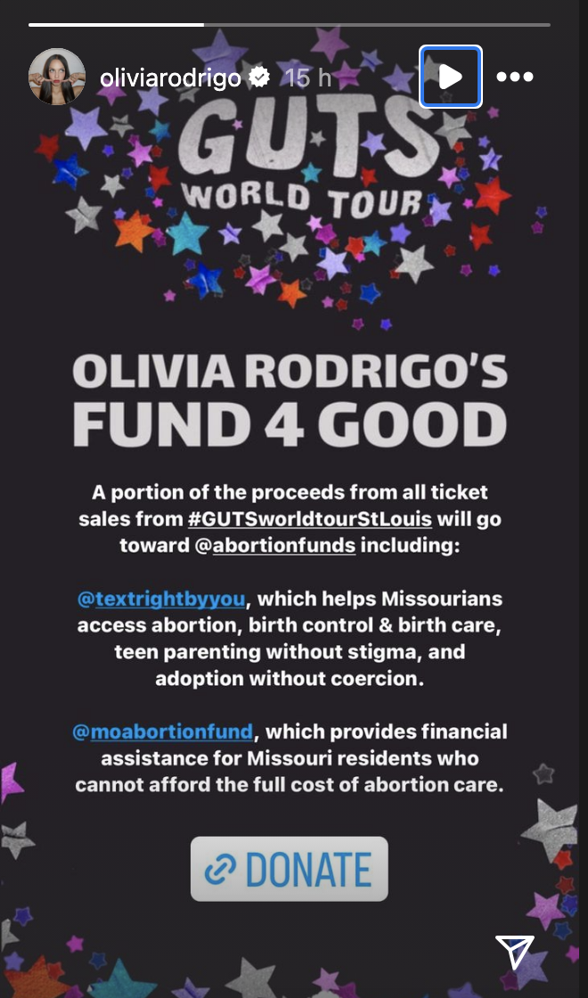 Olivia Rodrigo&#x27;s instagram story supporting fund 4 good