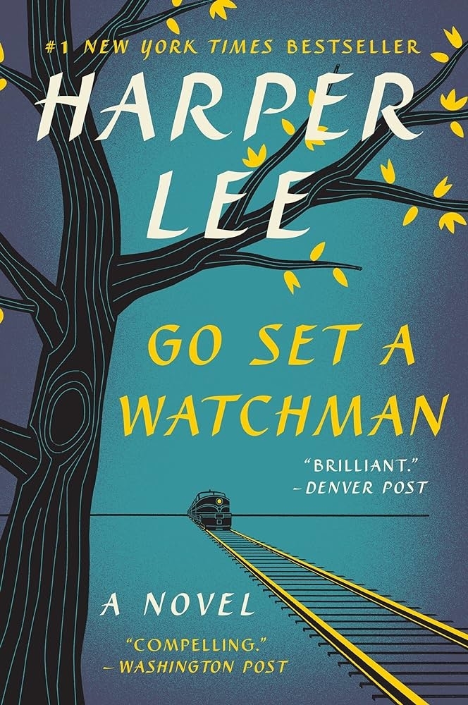 Cover of &quot;Go Set a Watchman&quot; by Harper Lee, featuring a tree and a train with reviews