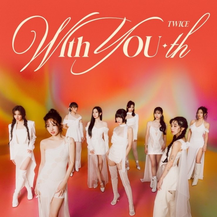 Album cover featuring nine members of TWICE in elegant white outfits with the title &quot;With You-th.&quot;